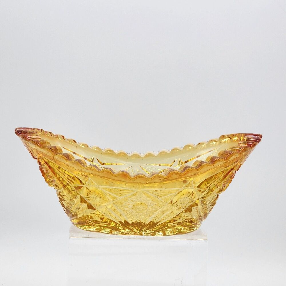VTG LE Smith Amberina Glass Amber Oval Bowl Stars Sawtooth Edge Daisy 7.25"L A6